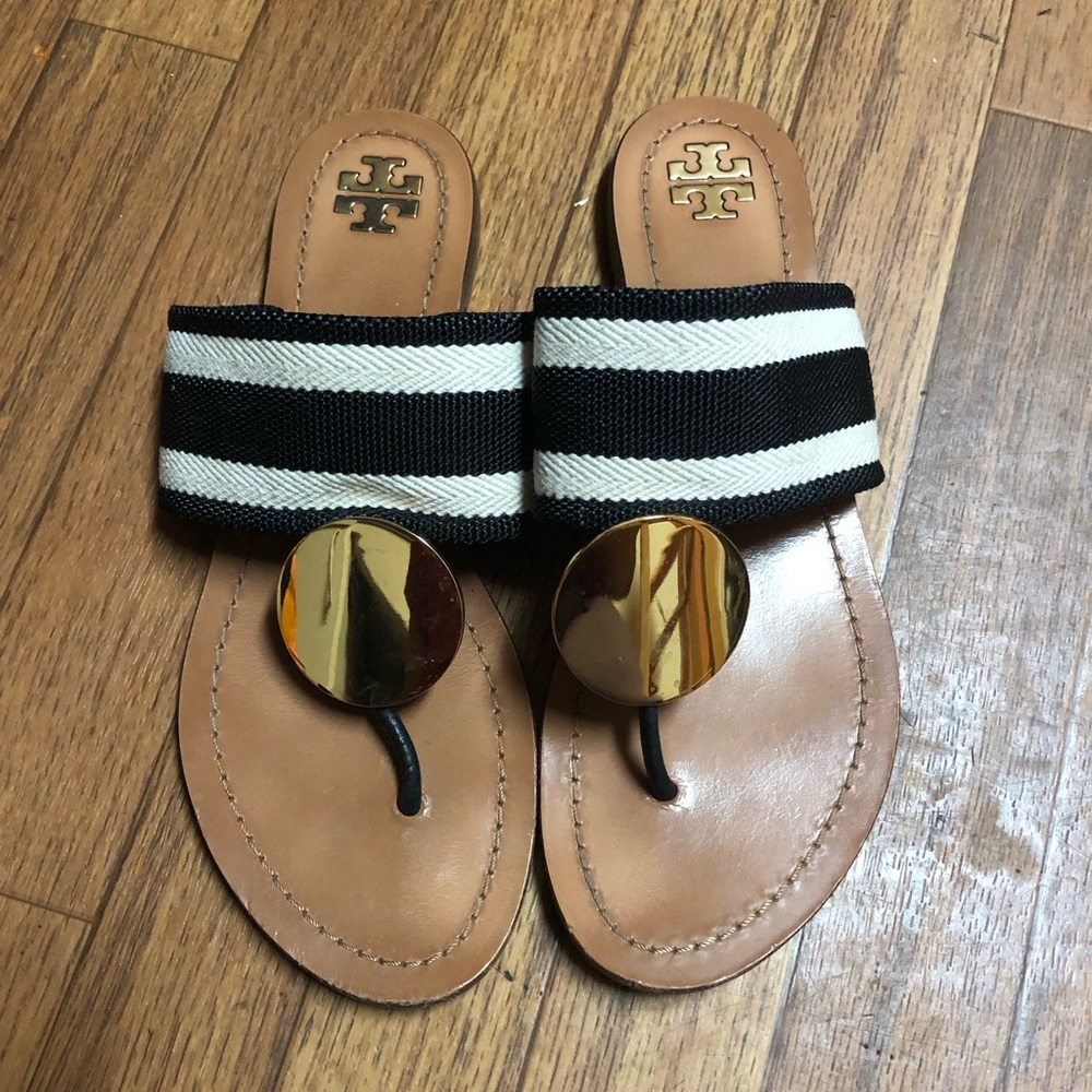 Tory Burch Black and White Striped Sandals with Gold Discs